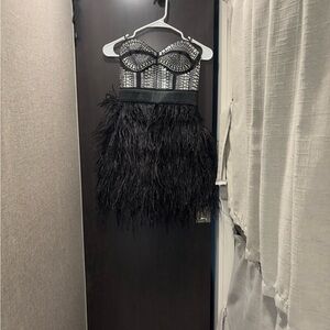 Bebe Black and Silver Feathered Dress
